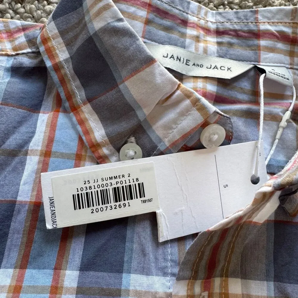 NWT Janie and Jack Toddler Boy SS Poplin Plaid Blue Top Sz 5